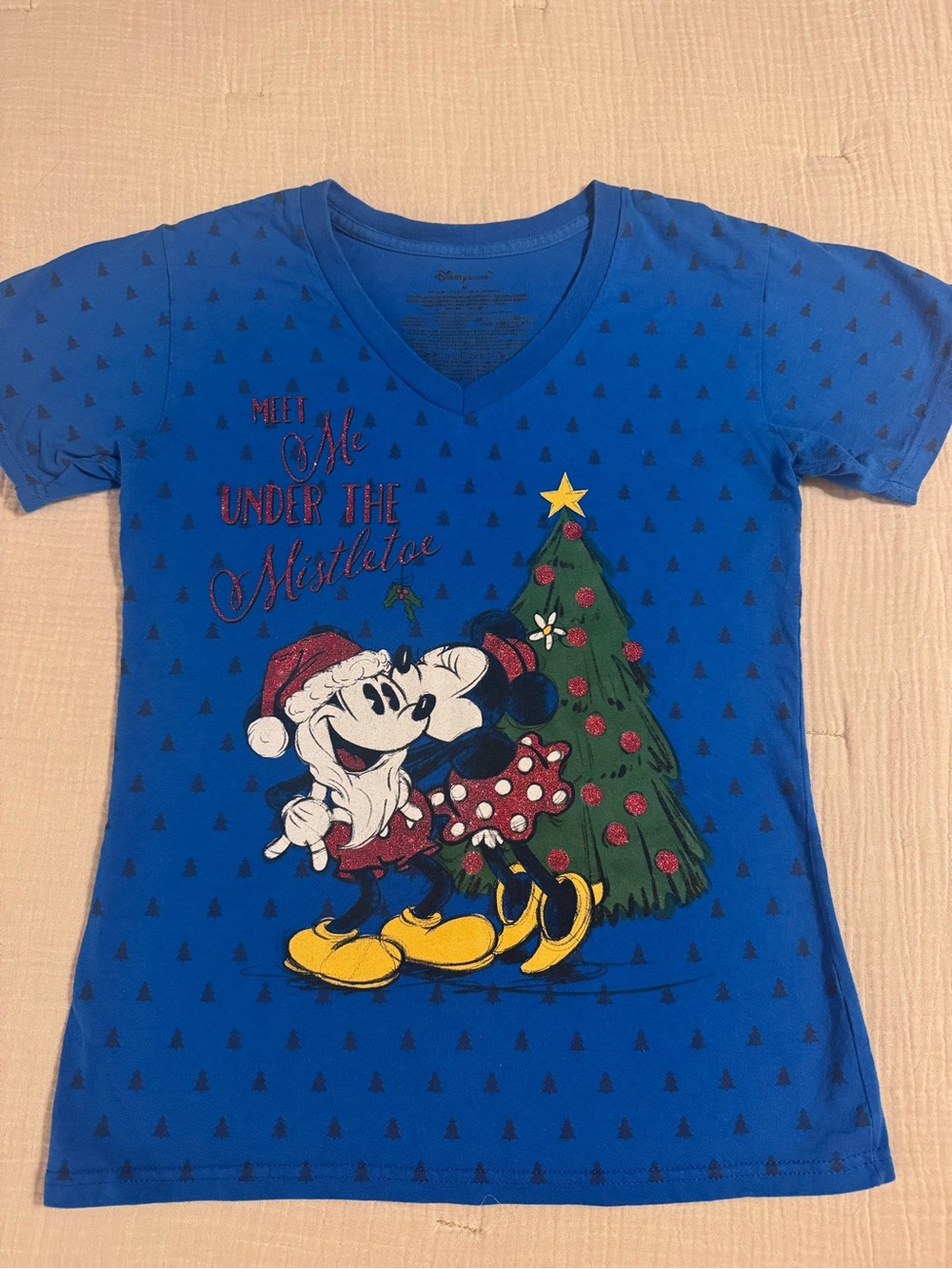 Disney Blue Mickey & Minnie Christmas Tee with Yellow Accents